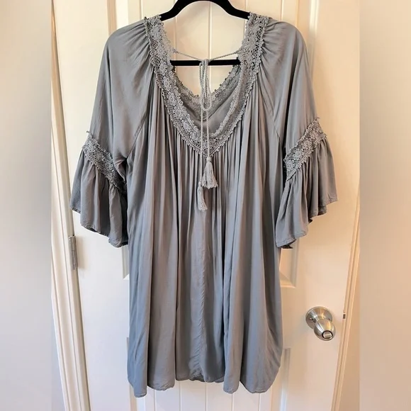 She + Sky Blue gray mini dress cotton crochet size L - Picture 3 of 13